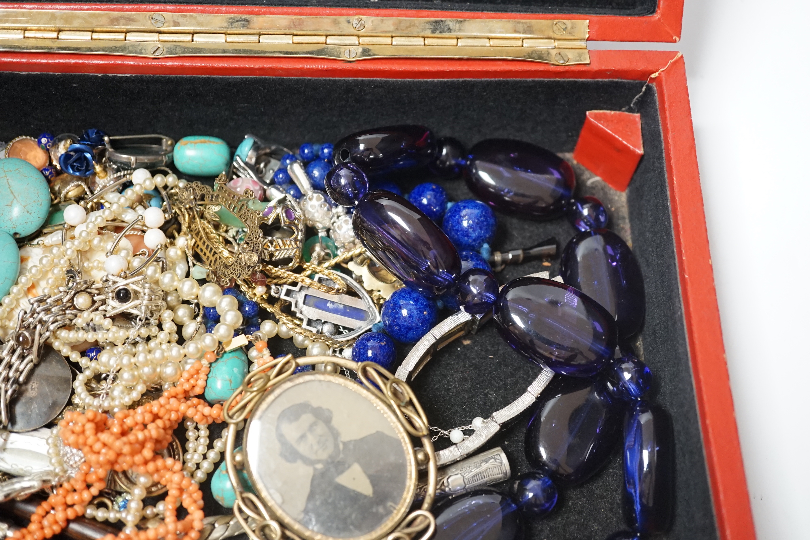 Assorted costume jewellery and other items including a 1970's 9ct gold and diamond chip set ring, mother of pearl handled silver fruit knife etc.